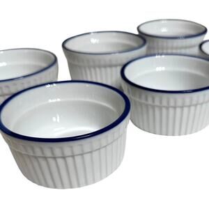 World Market White Ceramic Ribbed Ramekins Blue Rim-Set of 6-Excellent!